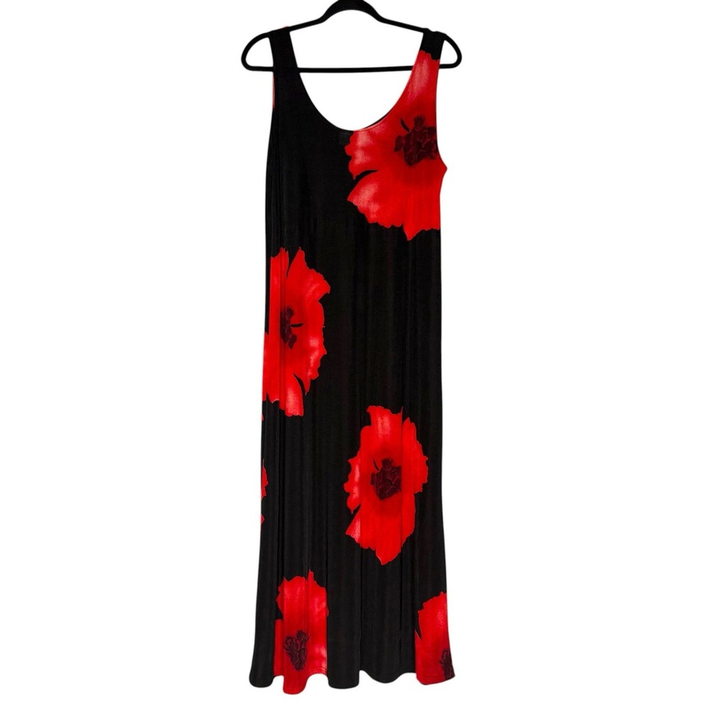 VTG Jostar Slinky Knit Maxi Dress M Black Red Floral No Iron Travel Made In USA